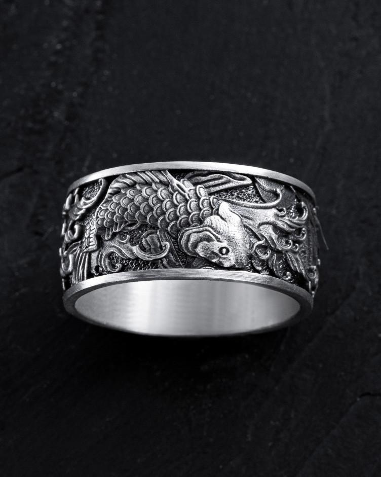 Ring JAPANISCHE KOI-KARPFEN UND WELLEN in Sterlingsilber
