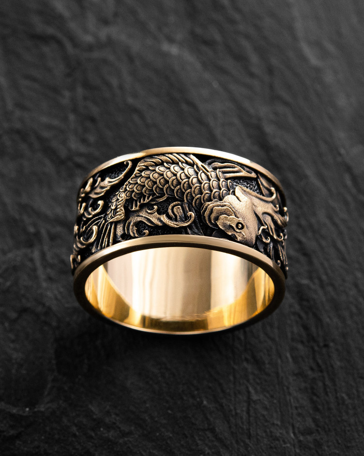 Ring JAPANISCHE KOI-KARPFEN UND WELLEN (585er Gelbgold) 3