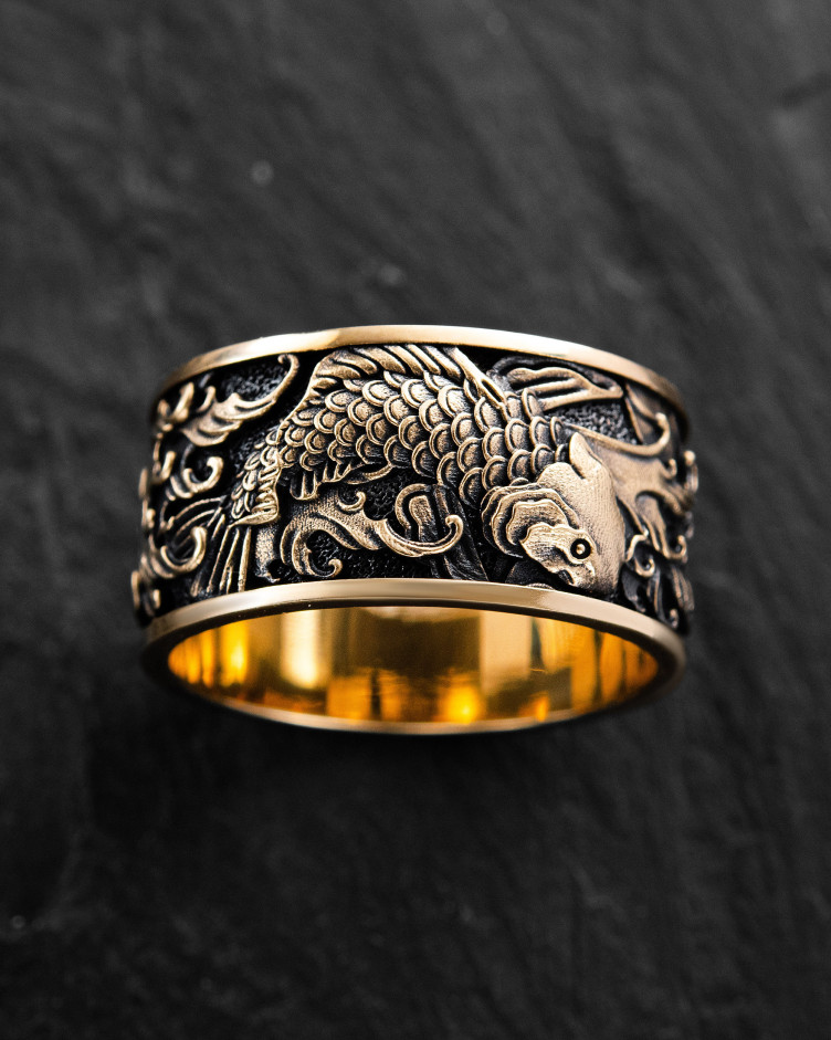 Ring JAPANISCHE KOI-KARPFEN UND WELLEN (585er Gelbgold)