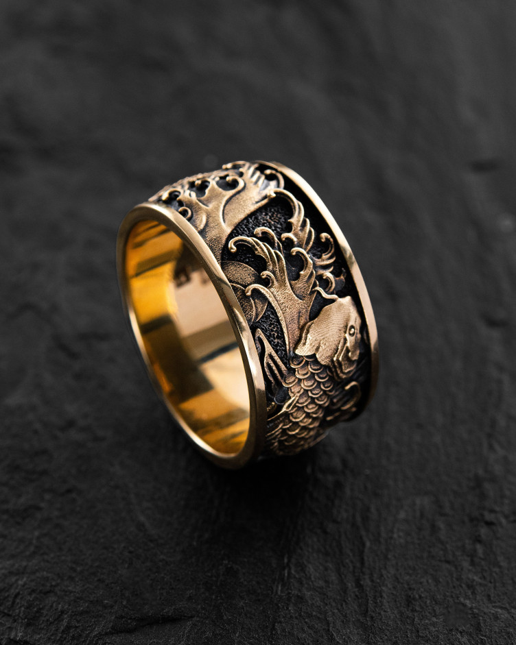 Ring JAPANISCHE KOI-KARPFEN UND WELLEN (585er Gelbgold) 2