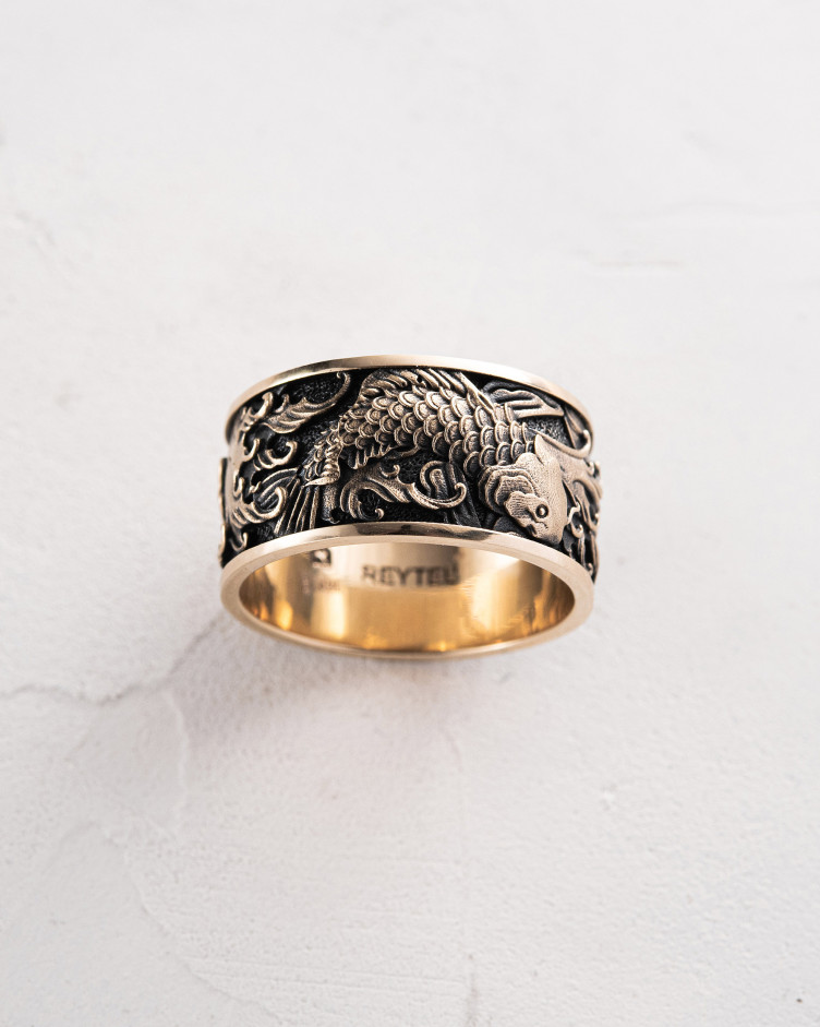 Ring JAPANISCHE KOI-KARPFEN UND WELLEN (585er Gelbgold) 4
