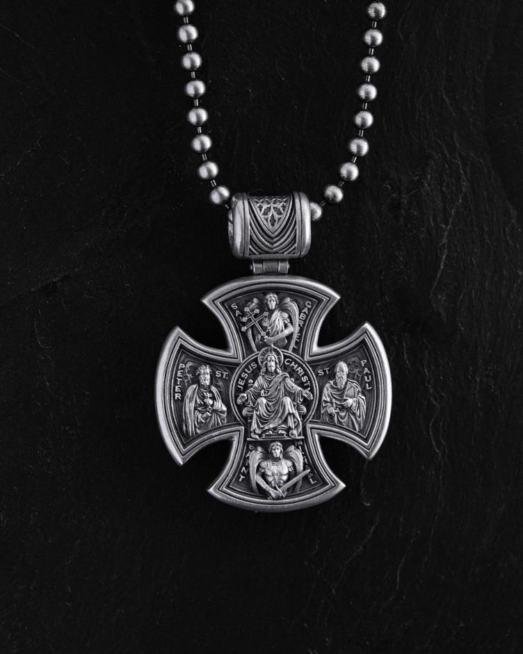 Kreuz JESUS ​​CHRISTUS. HEILIGE MARIA, BITTE FÜR UNS in Sterlingsilber