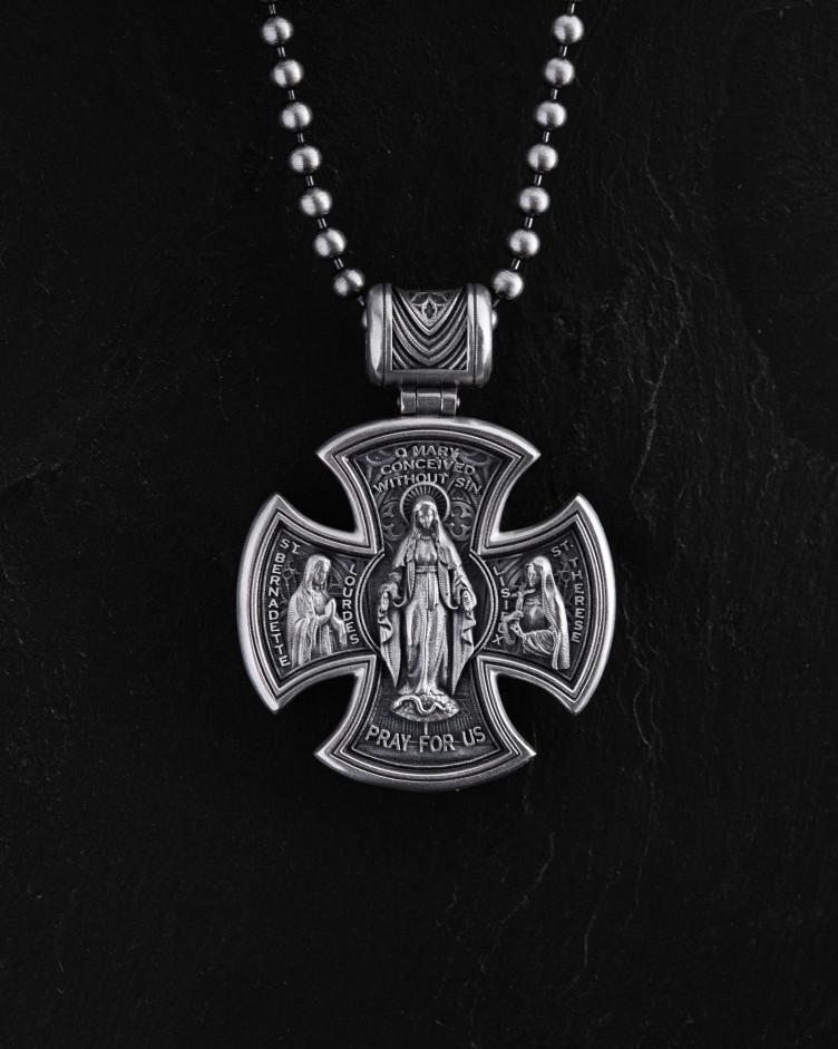 Kreuz JESUS ​​CHRISTUS. HEILIGE MARIA, BITTE FÜR UNS in Sterlingsilber 3