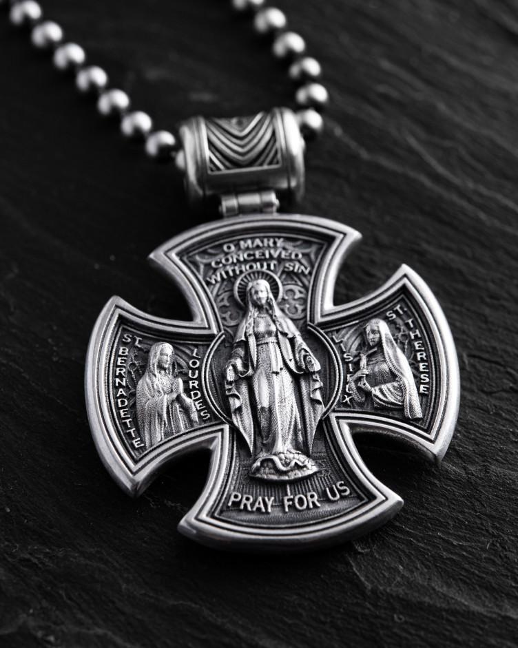 Kreuz JESUS ​​CHRISTUS. HEILIGE MARIA, BITTE FÜR UNS in Sterlingsilber 5