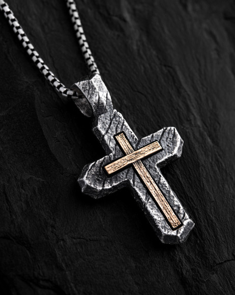 Kreuz KALVARIENKREUZ. AUF GOTT VERTRAUEN WIR in Sterlingsilber (Einlage aus 18k Gelbgold)